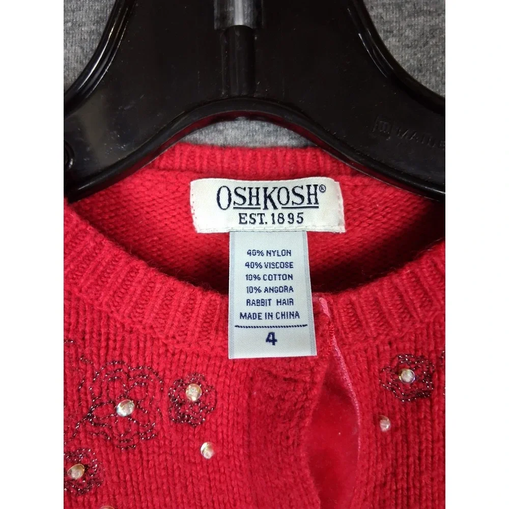Osh‎ Kosh Girls Sweater 4 Red Knit Angora Wool Blend Cardigan Soft Embroidered